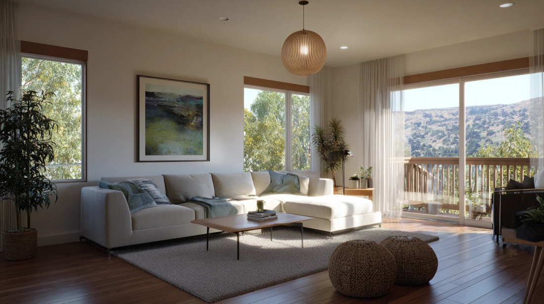 Two separate living rooms connected by a central balcony
