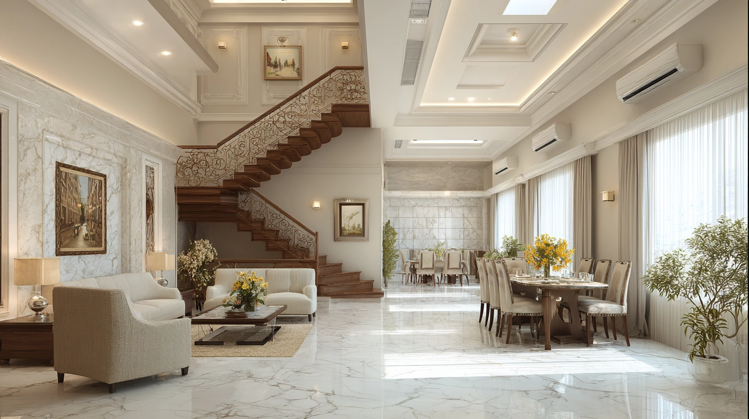 Modern living area with dining table and a grand staircase