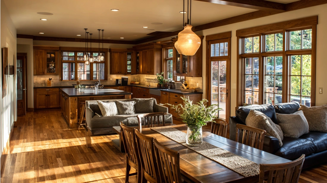 Open kitchen area merging into a dining and family living space
