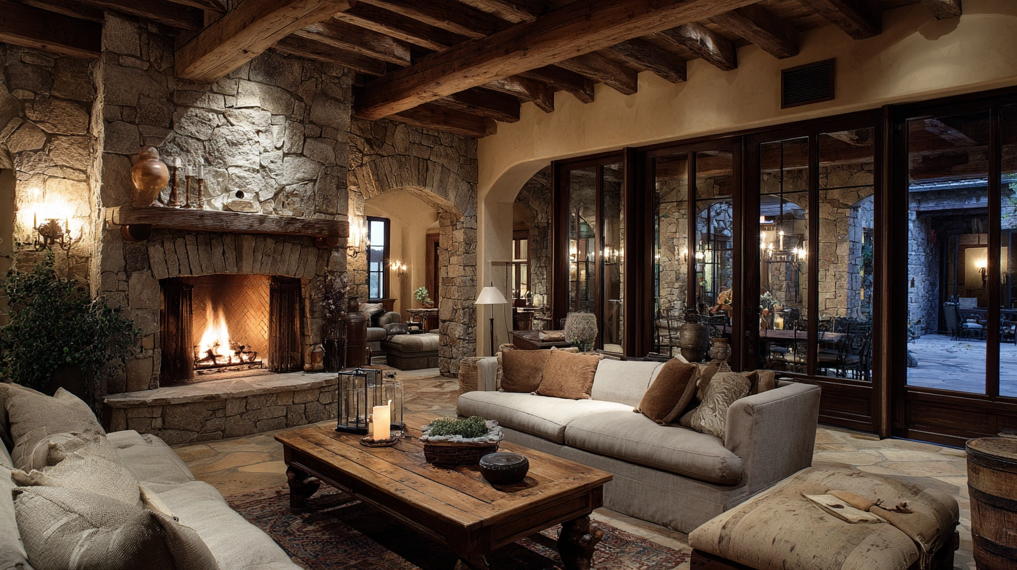 Elegant living room with a stone fireplace and French doors