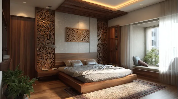 Master bedroom with ornate carved wood wall paneling.