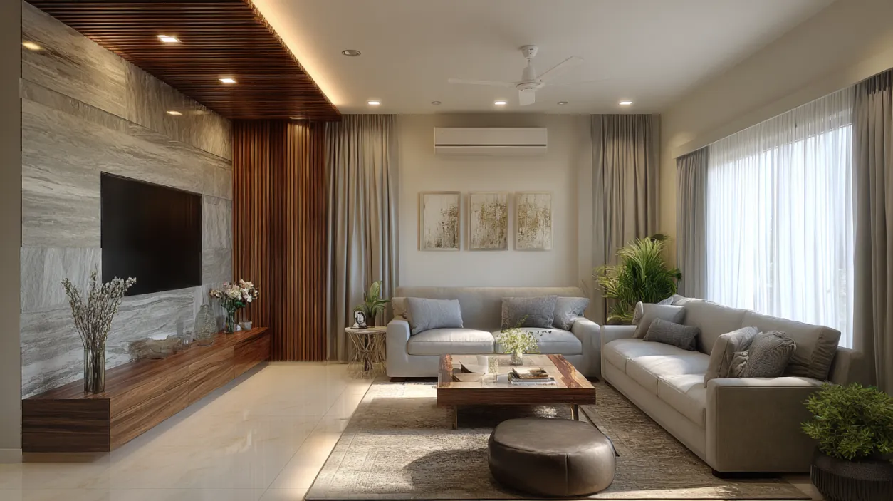 Modern interior design bhk featuring a wood slat ceiling and stone wall.