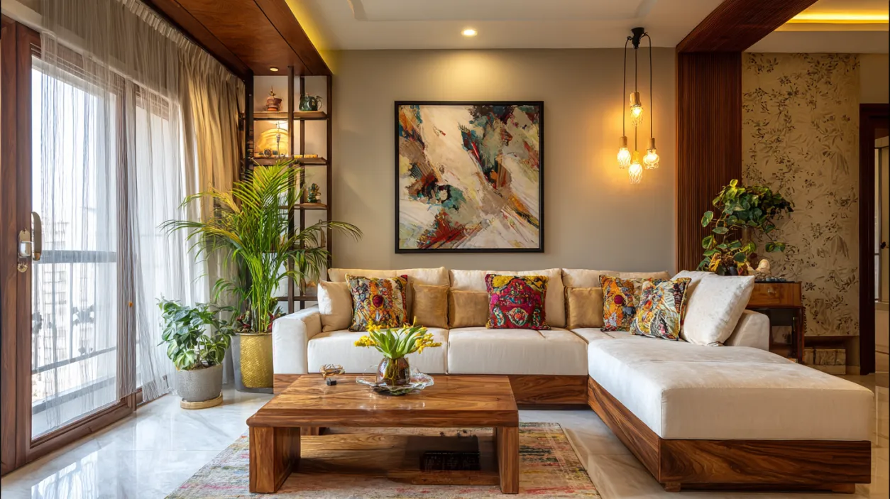 Stylish living room design with a low wooden table