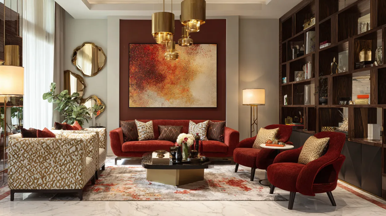 Regal living room design with deep red velvet sofas