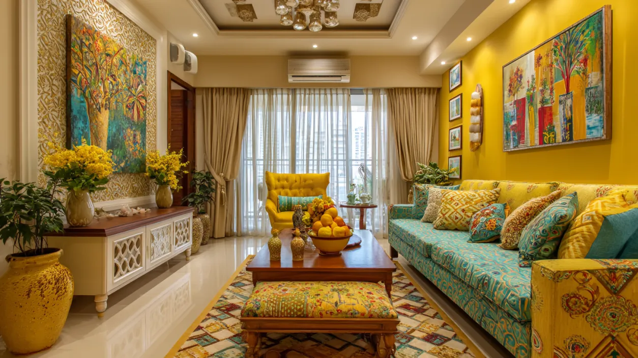 Vibrant living room design with bold yellow walls