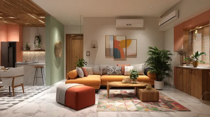 Eclectic living room with orange sofa and green wall.