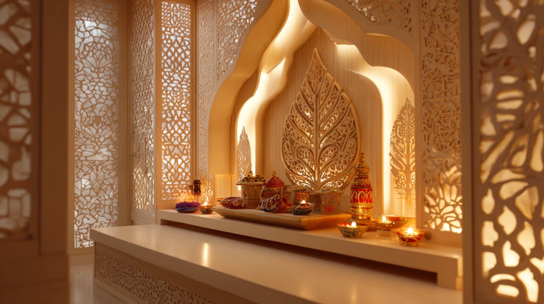 Plywood mandir with detailed jali patterns
