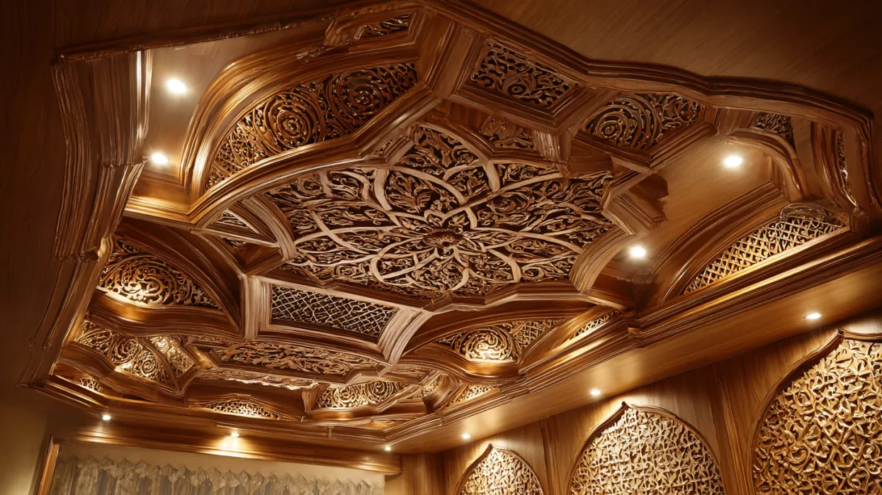 intricate wooden false ceiling design with carved motifs