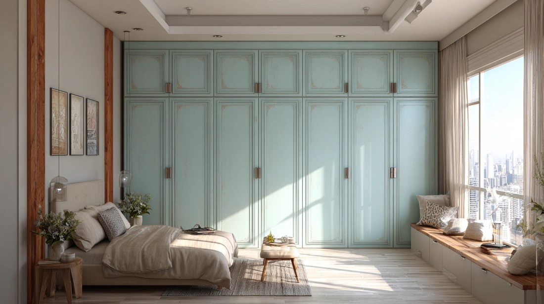Minimalist iron wardrobe in a soft, neutral pastel shade