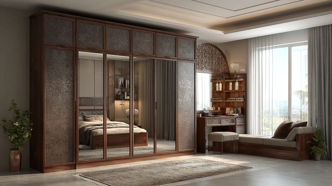Multi-door iron wardrobe featuring integrated full-length dressing mirrors