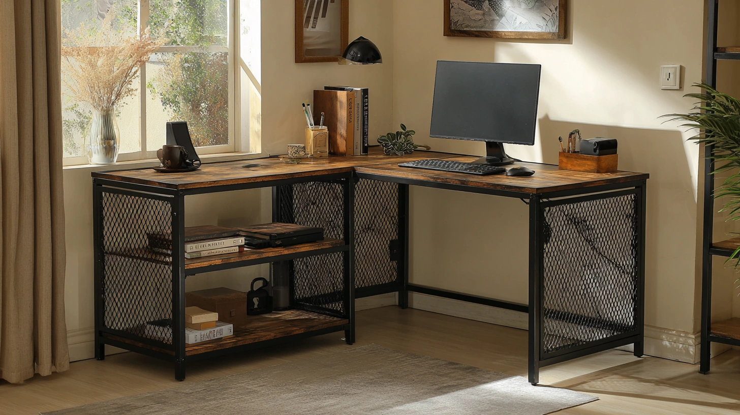 Iron frame desk with wooden top for workspace