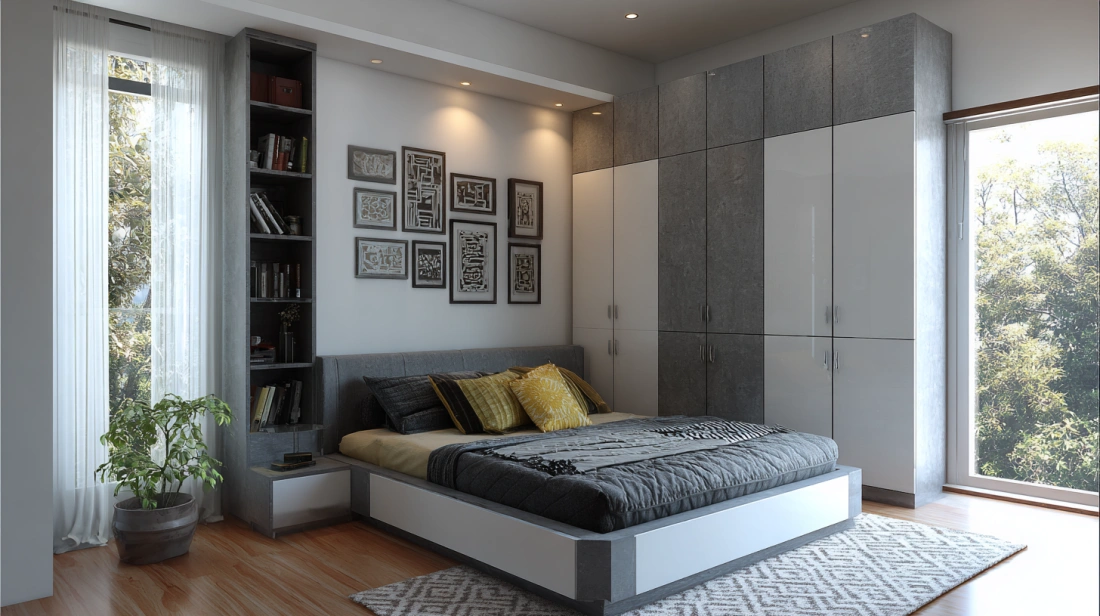 Space-saving L-shaped iron wardrobe fitted into a corner