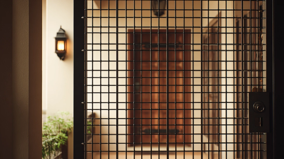 Security gate featuring a fine iron mesh screen within a solid frame