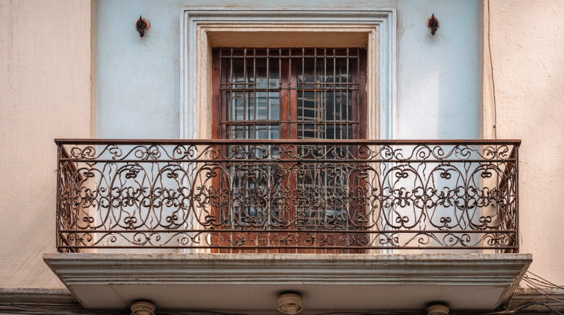 Secure iron balcony window with decorative floral grill