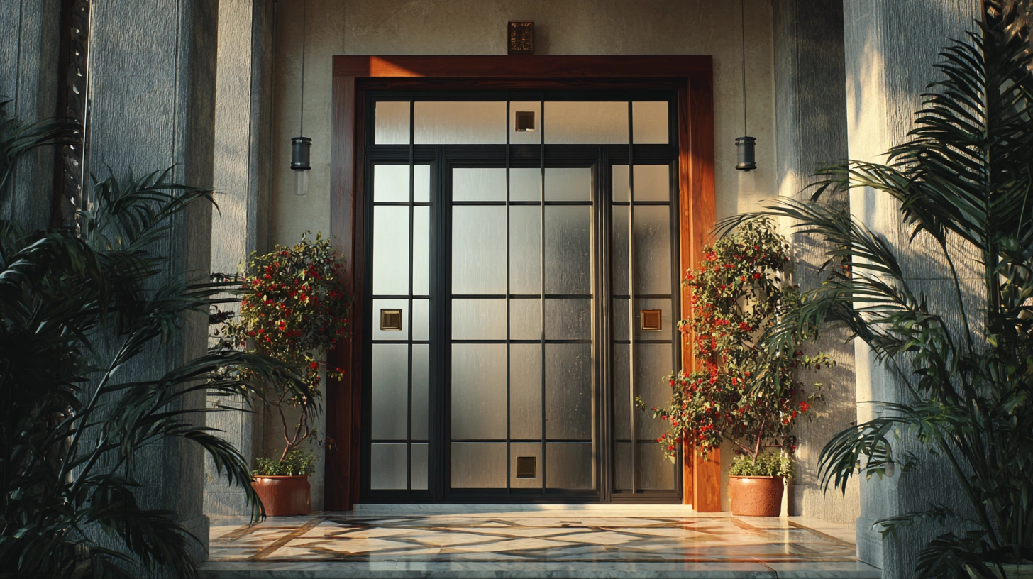 Elegant arched gate combining solid iron scrollwork with frosted glass panels
