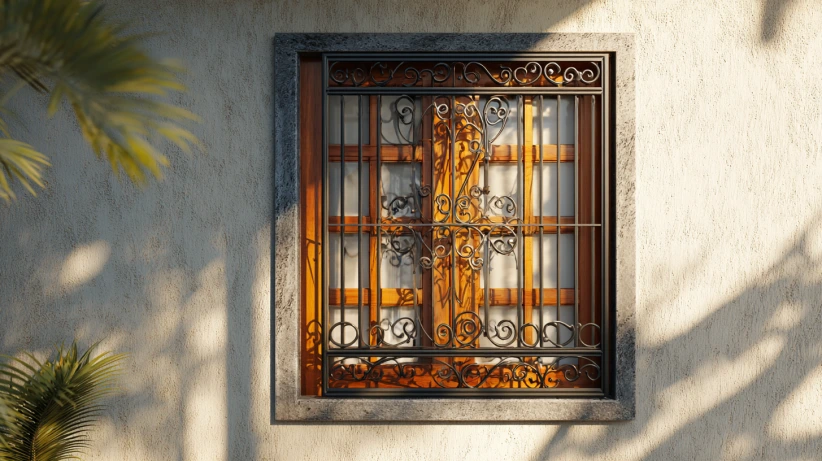 iron and wood blend featured in a stylish window grill design