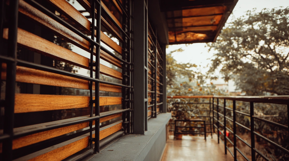 Elegant balcony railing featuring dark wrought iron scrolls and a polished wood top rail