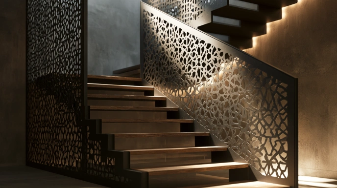 Iron and wood stair grill