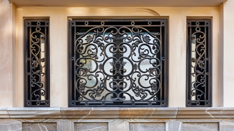 ancient ironwork pattern featured in a classic window grill design