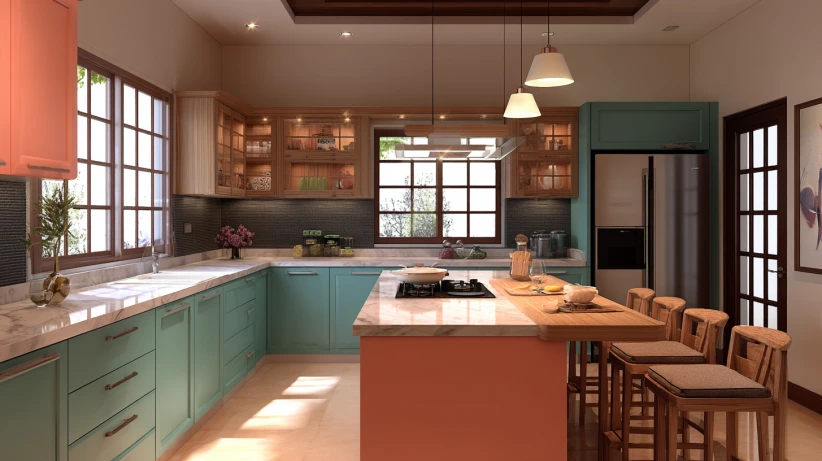 built-in seating integrated into a modern island kitchen design