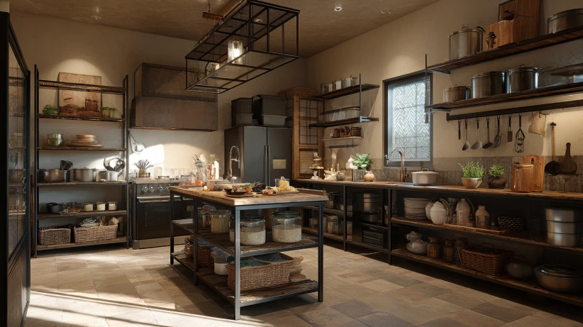 open shelving feature showcased in a modern island kitchen design