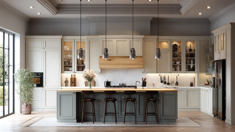 overhead lighting featured in a modern island kitchen design