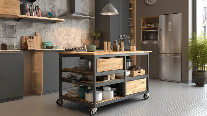 trolley units integrated into a flexible island kitchen design