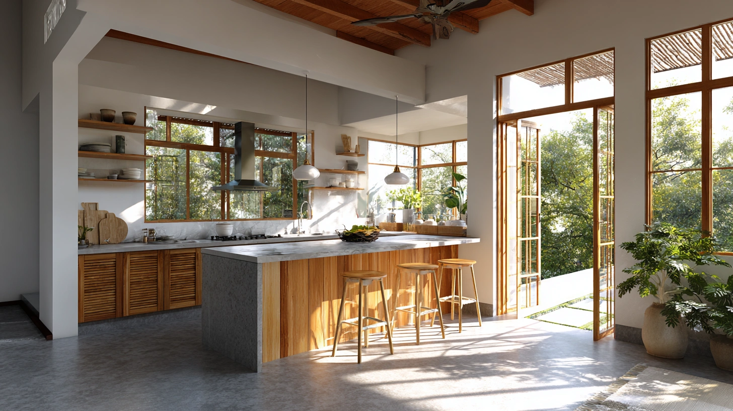 Farmhouse kitchen with wooden island and open shelves