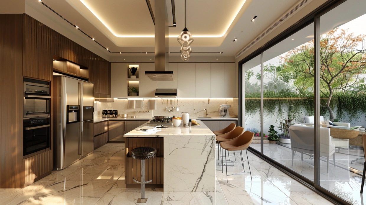 Indian kitchen with central island and modern modular design
