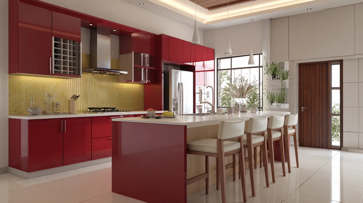 Luxury island modular kitchen with a marble breakfast counter.