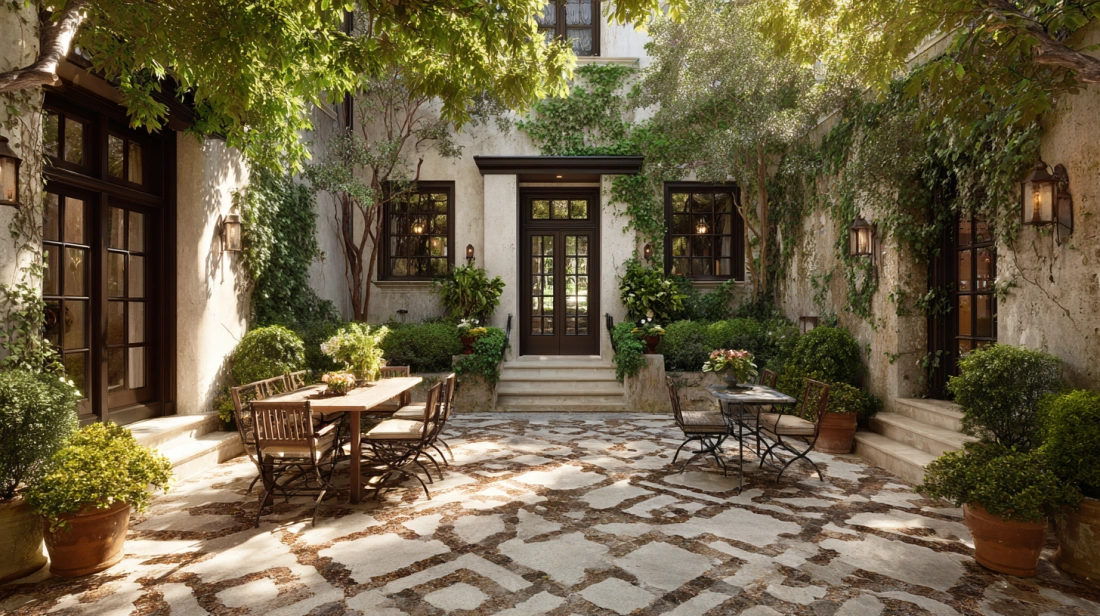 Mediterranean courtyard with terracotta tiles and climbing vines