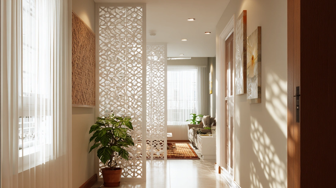 Intricate white jaali patterned screen partition separating home corridors