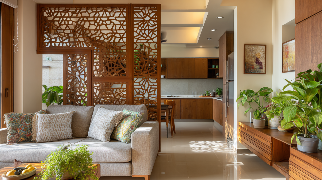 Decorative jaali partition in open kitchen interior