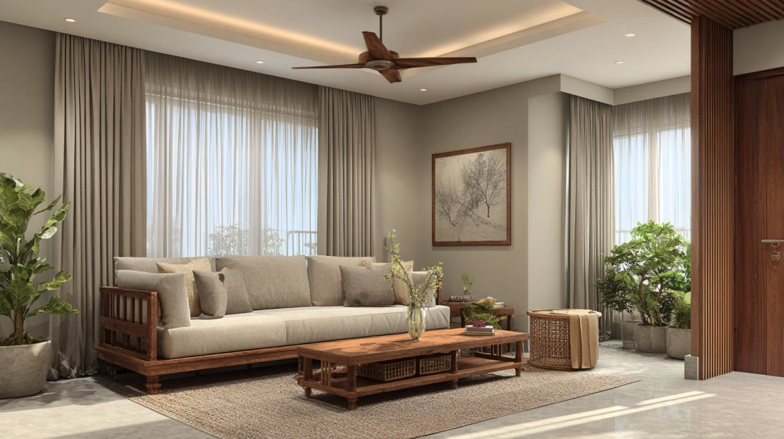 Minimalist wooden sofa matching low coffee table