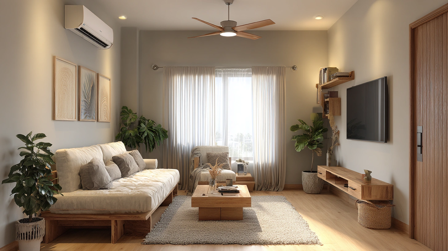 Minimalist low-profile sofa on neutral area rug