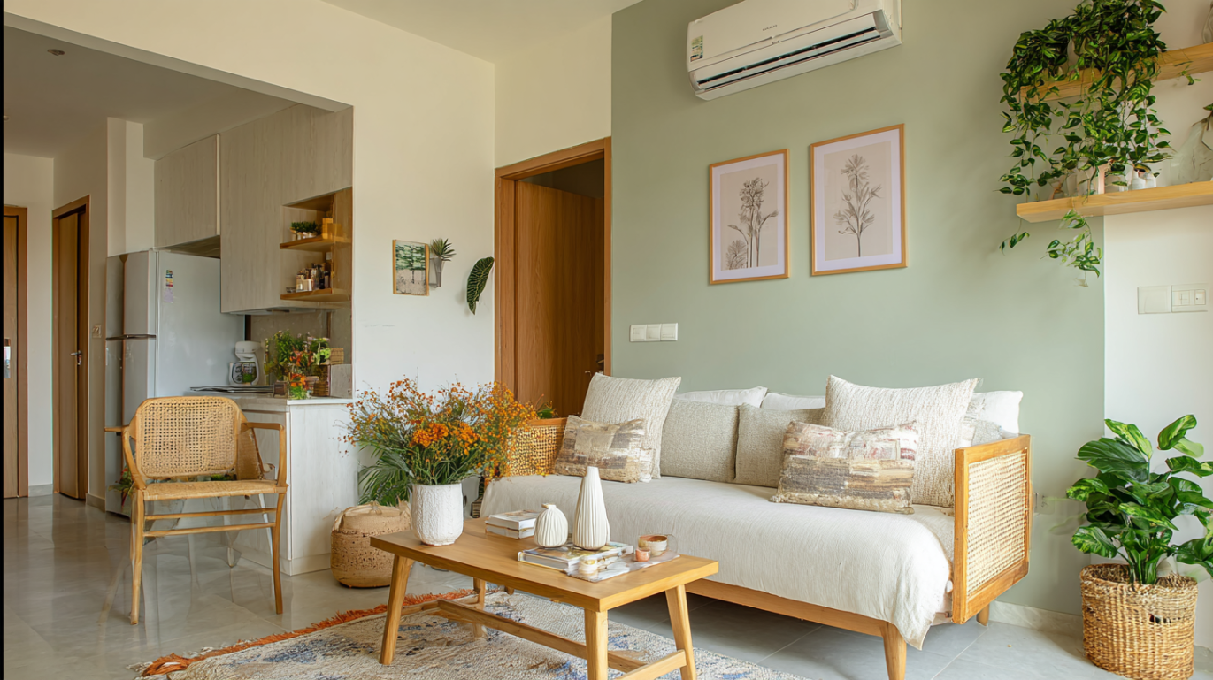 Bright Japandi style living room with wooden accents