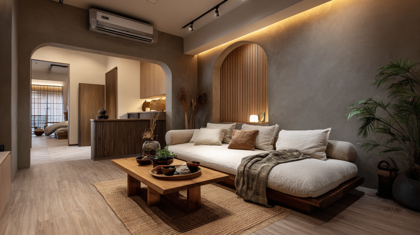 Japandi style 1 BHK living room interior