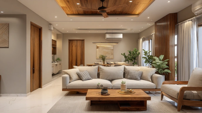 Japandi living room with neutral wooden decor