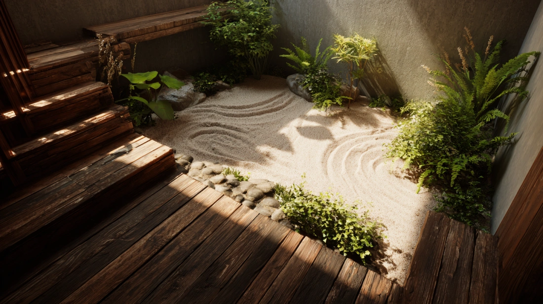 Zen courtyard featuring raked sand, rocks, and bamboo
