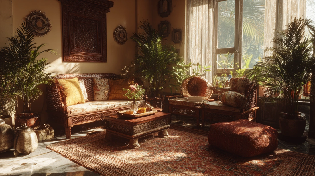 Jute rug pairs beautifully with cane and plant décor