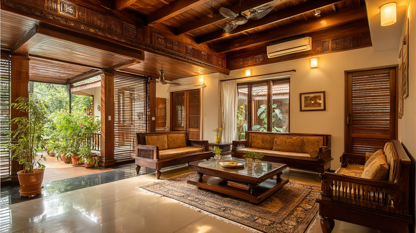 Kerala style living room with teak and cane