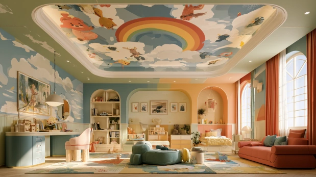 Fun cartoon ceiling wallpaper for vibrant playrooms.