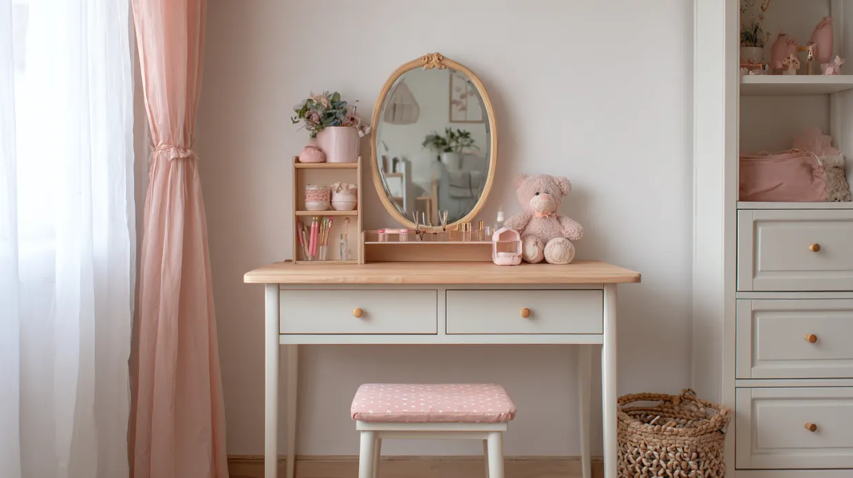 kids' dressing table design with mirror and colorful storage, perfect for fun and functional children's bedrooms