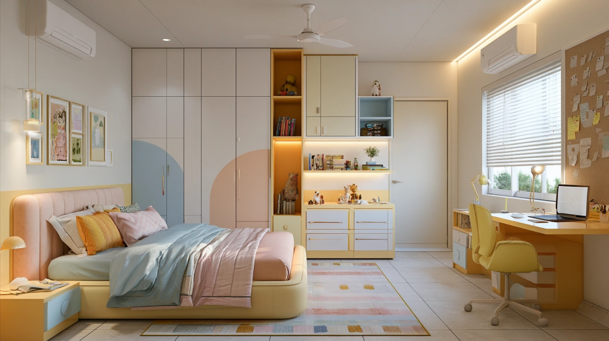 Kids wardrobe with colourful study table
