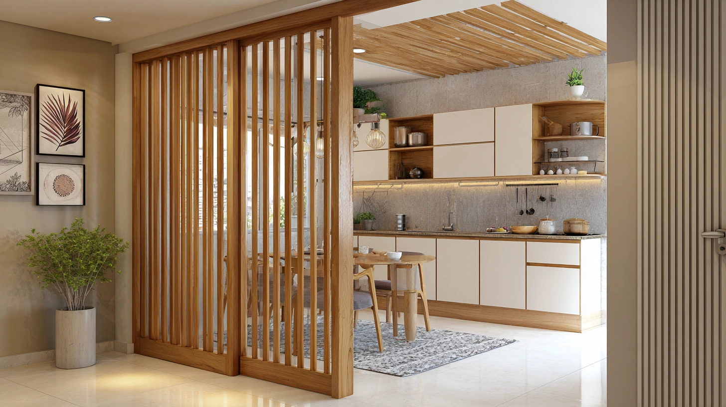 A wide wooden archway leads into a brightly lit modern kitchen