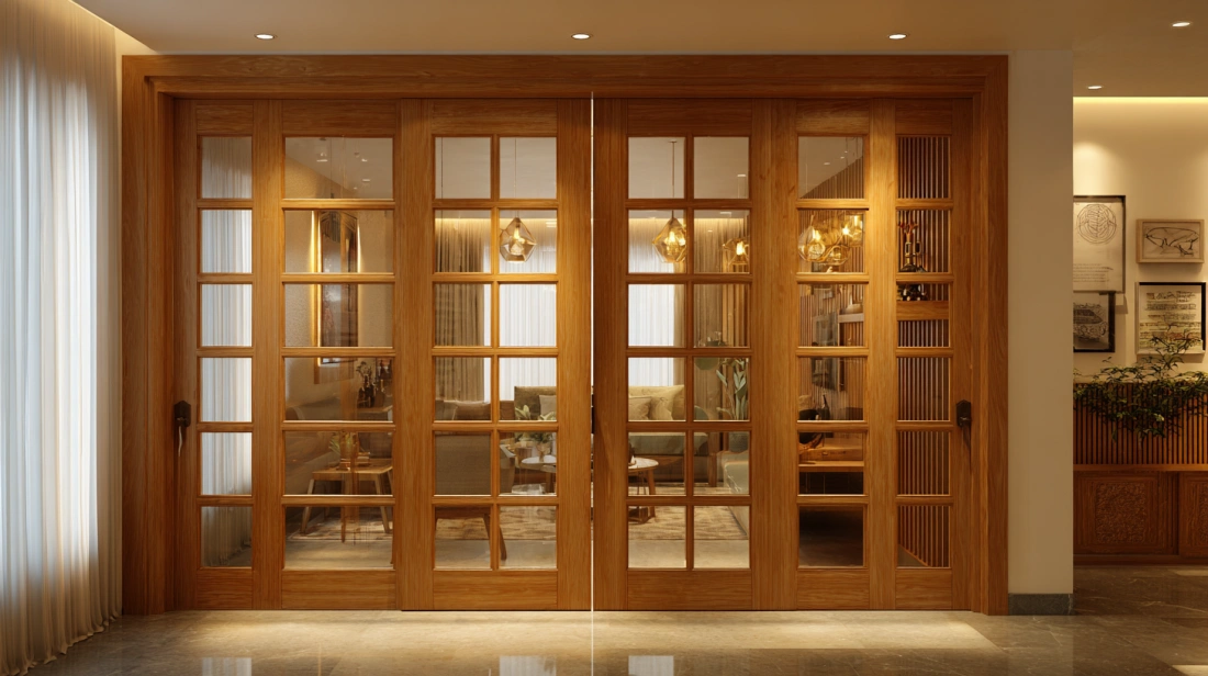 Vertical wood slat door with a slim black metal handle