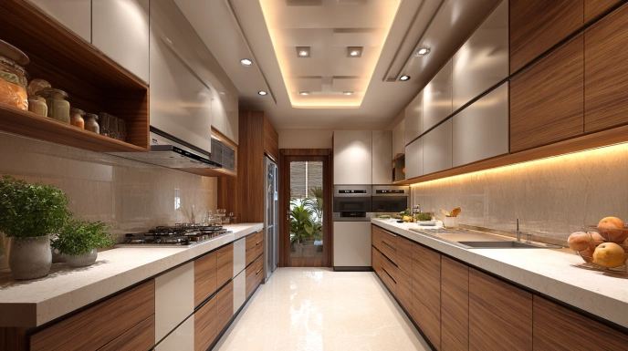 Kitchen with moisture-resistant false ceiling