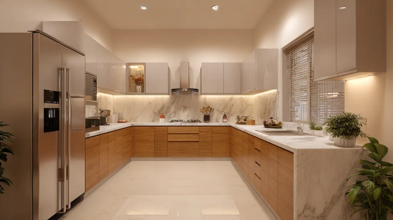 Stylish kitchen interior design with marble walls and wood base.