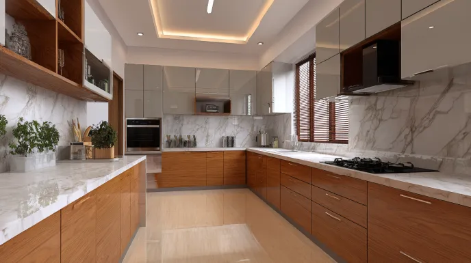 Sleek kitchen interior with polished wood and grey upper units.