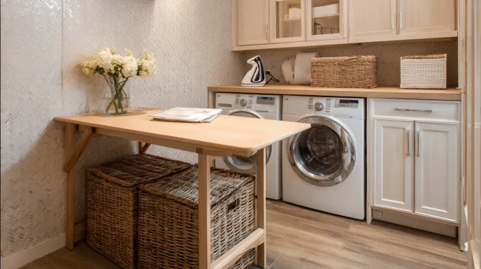 folding table as portable island in functional laundry room
